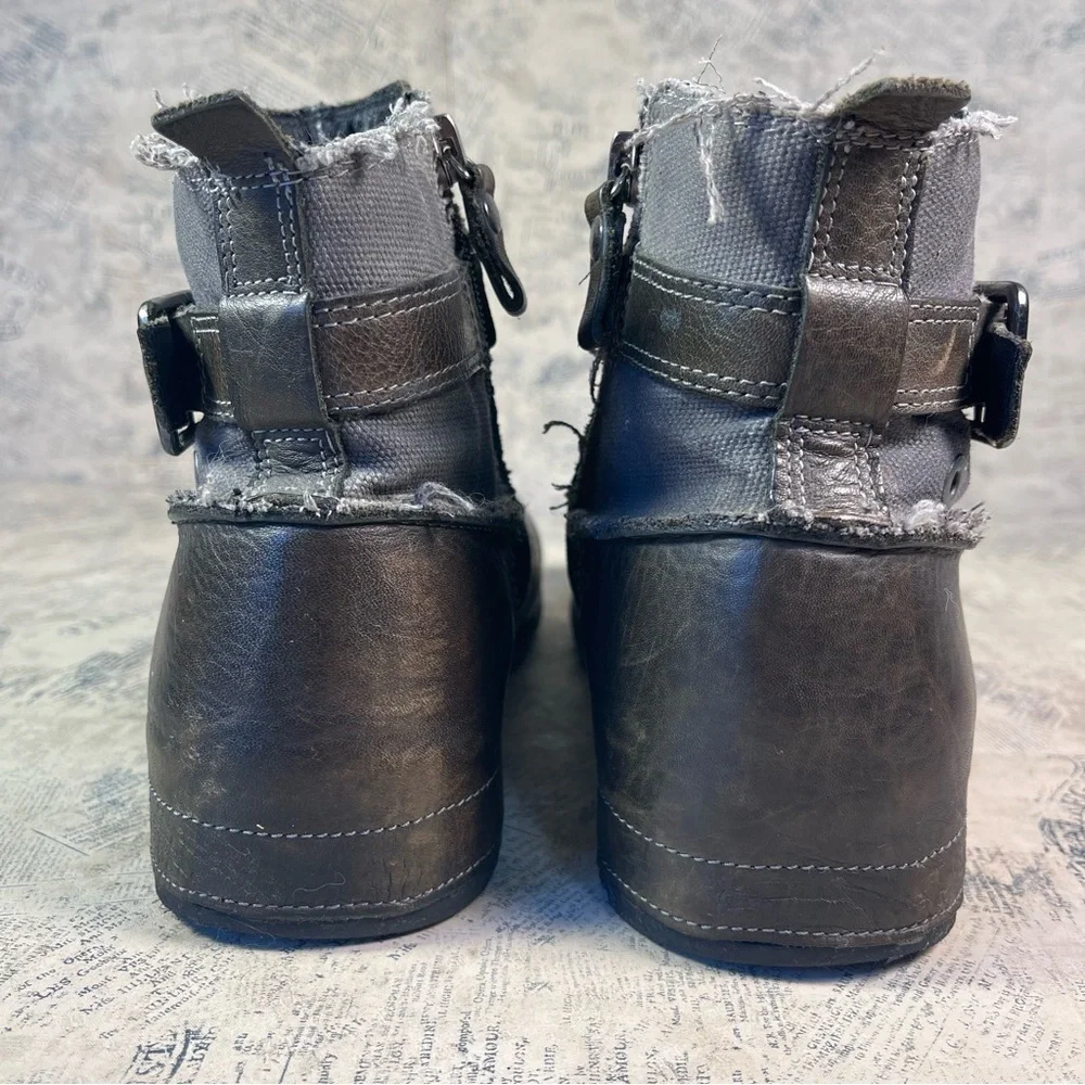 Replay Leather & Denim Deconstructed Biker Ankle Boots Zip Side Moto Boots